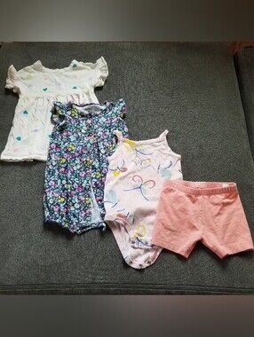 Baby Girls Summer Bundle, Dress, Romper, Shorts, Floral And Butterflies